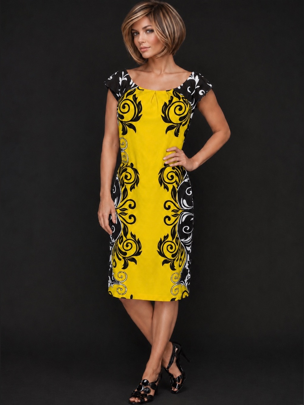 Voir Voir Yellow and Black Damascus Printed Cap-Sleeve Midi Dress Size 14